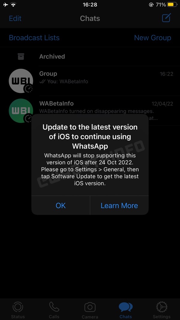 Notificação do WhatsApp avisando aos usuários do iPhone que o aplicativo não suportará sua versão do iOS.